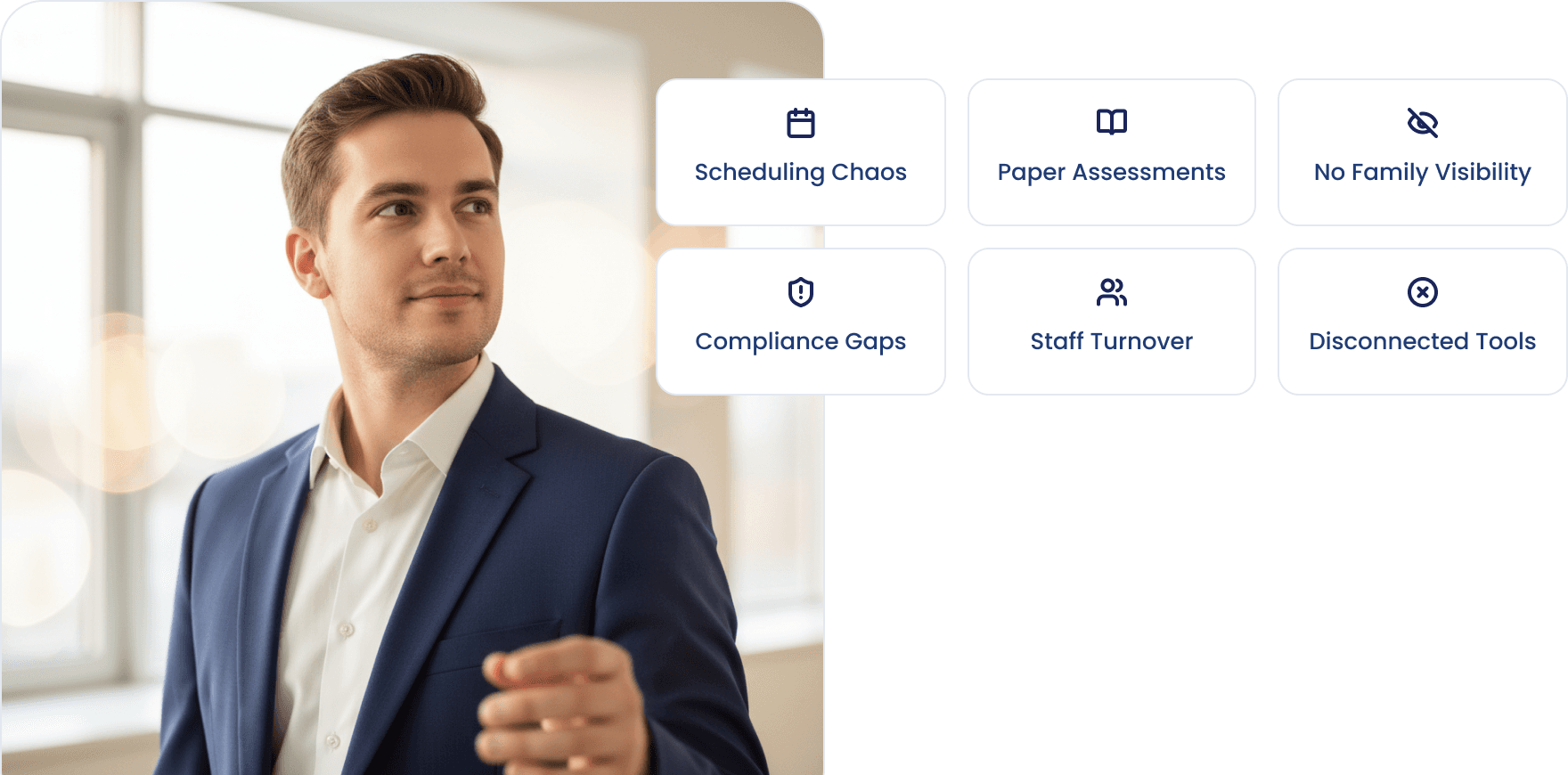 The founder of Anaya Care beside the problems agencies run into: scheduling chaos, paper assessments, no family visibility, compliance gaps, staff turnover, and disconnected tools